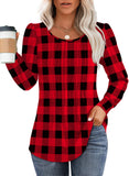 Christmas Shirts for Women Long Sleeve Tops Fleece Sweaters Warm Cozy Dressy Casual Blouses Curved Hemline Plaid Black Red L