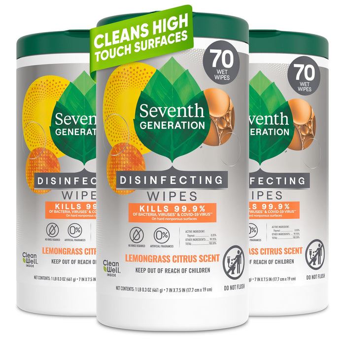 Seventh Generation Disinfecting Wipes, Lemongrass Citrus, 70 Ct, 3-Pack