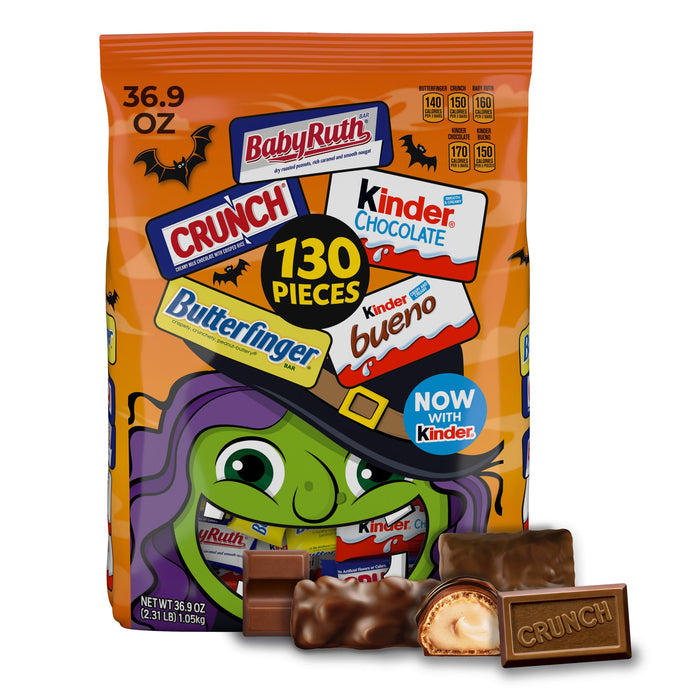 Butterfinger, CRUNCH, Baby Ruth, 100 Grand, Kinder Bueno, Kinder Chocolate, Halloween Candy Fun Size, 130 Minis, 36.9 oz