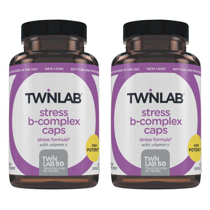 Twinlab Stress B-Complex Caps - Complete B-Complex & 1000 mg Vitamin C - Energy Support Supplement with Vitamin B12 and B6-100 Capsules (Pack of 2)