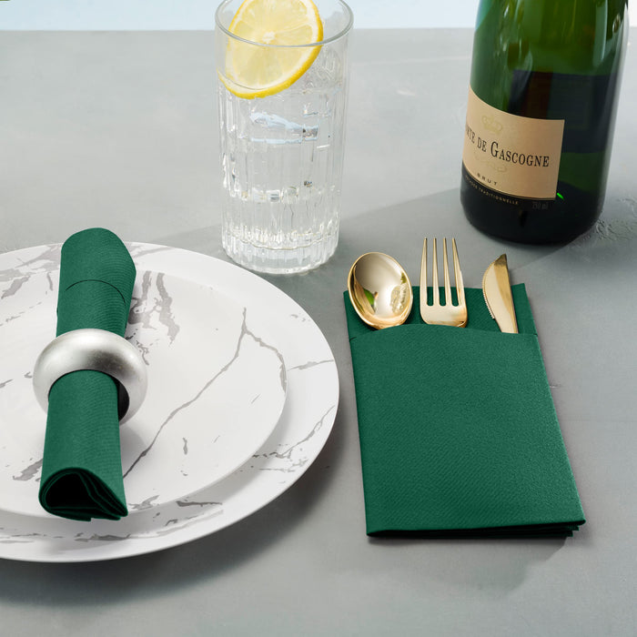 Disposable Linen-Feel Dinner Napkins with Built-in Flatware Pocket, 500-Pack GREEN Prefolded Cloth Like Paper Napkins For Dinner, Wedding Or Party [Silverware NOT Included]