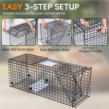 Qualirey Heavy Duty Large Live Animal Cage Trap with Bite Proof Gloves 50'' x 20'' x 26'' Black Folding Live Humane Animal Trap for Coyote, Dogs, Opossums, Groundhogs, Squirrel, Raccoons, Cats, Foxes