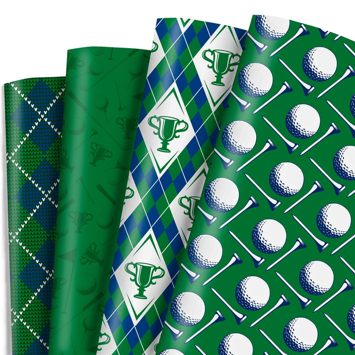 Dtiafu Golf Wrapping Paper for Men Boys Girls - 8 Sheets Green Elegant Gift Wrap with 4 Golf Champions Plaid Patterns for Birthday - Pre Cut& Folded Flat Design(20 X 27 Inch Per Sheet)