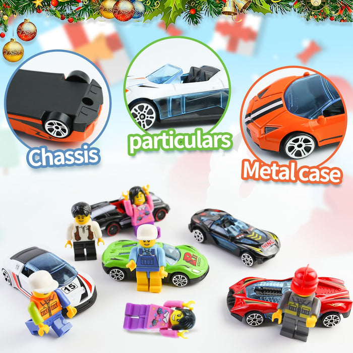 2024 Advent Calendar Kids Christmas 24 Days Countdown Calendar With Racing Vehicles Building Block Figure Traffic Sign Set Surprises Xmas Party Favor Gifts for Boys Girls