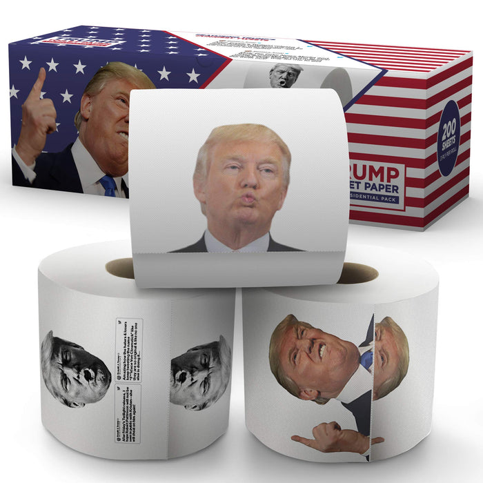 Gagster Donald Trump Toilet Paper Roll - 3 Ply Funny Novelty Gag, 200 Sheets Per Roll, Prank Gift for Adults, Presidential Pack (2 rolls with trump images, 1 roll with trumps funniest tweets) 3-pack