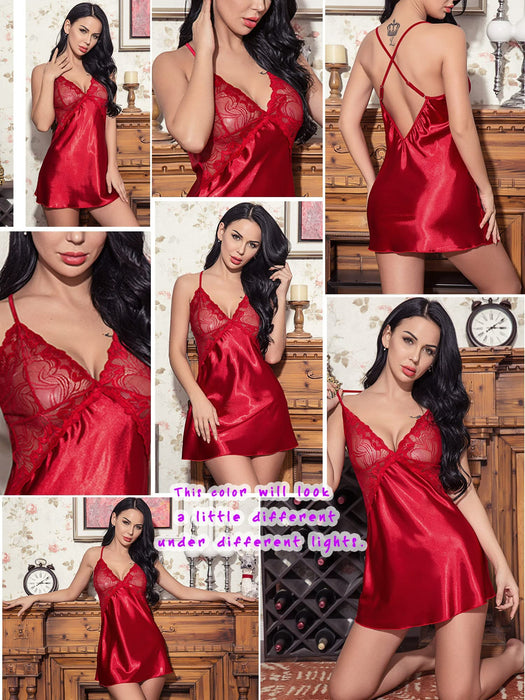 Avidlove Christmas Lingerie for Women Nightgown Sleepwear Satin Pajamas Sexy Babydoll V Neck Teddy Strap Chemise M, Red