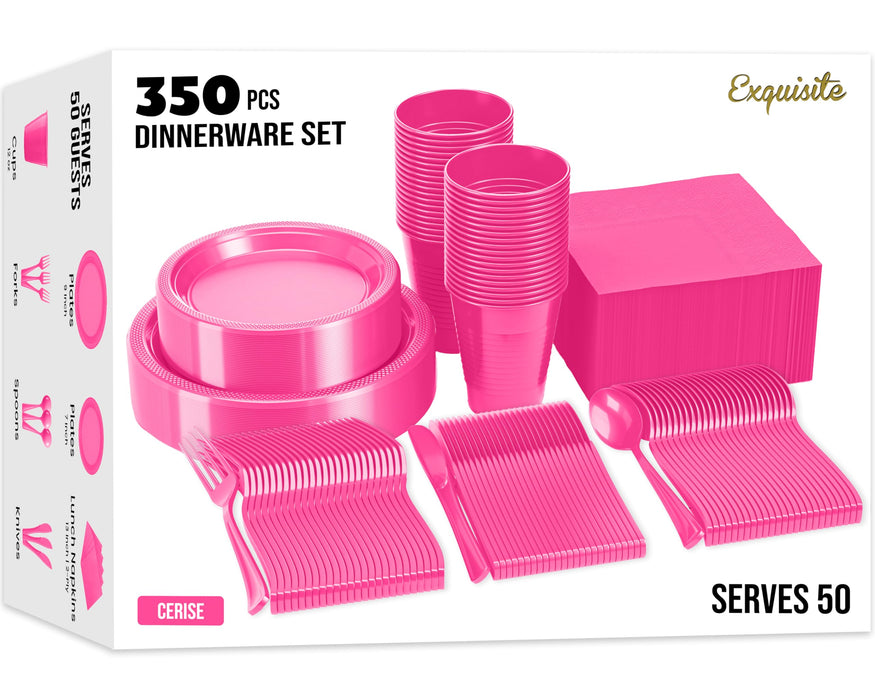 350 Pcs Plastic Dinnerware Set Includes 50 Of Each 9" Cerise Plastic Dinner Plates | 7" Plastic Dessert Plates | 12 oz Plastic Cups | Cerise Napkins | Plastic Spoons, Forks & Knives Exquisite