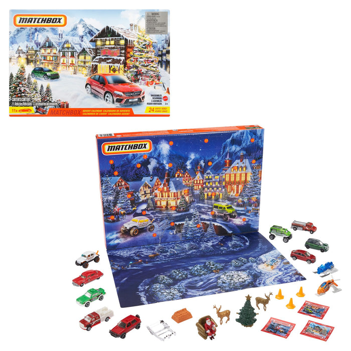 Matchbox Advent Calendar with 24 Surprises that Include 11 1:64 Scale Cars with Authentic & Holiday-Themed Decos & Accessories, Holiday Gift for Kids 3 Years Old & Up, Multi (GXH01)