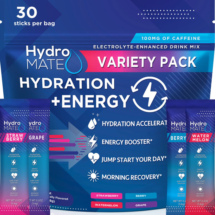 HydroMATE Electrolytes Powder Drink Mix Packets Hydration Accelerator Low Sugar Party Favors for Rapid Recovery Vitamin C Plus Caffeine Variety Pack 30 Count