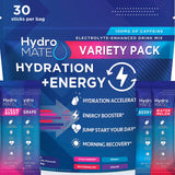 HydroMATE Electrolytes Powder Drink Mix Packets Hydration Accelerator Low Sugar Party Favors for Rapid Recovery Vitamin C Plus Caffeine Variety Pack 30 Count