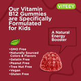 Vitamin B12 for Kids Gummies, 1000mcg - Metabolism, Natural Energy Support - Vegan, Gelatin Free, Gluten Free, GMO Free - Tasty Chewable B12 Raspberry Flavored Gummy