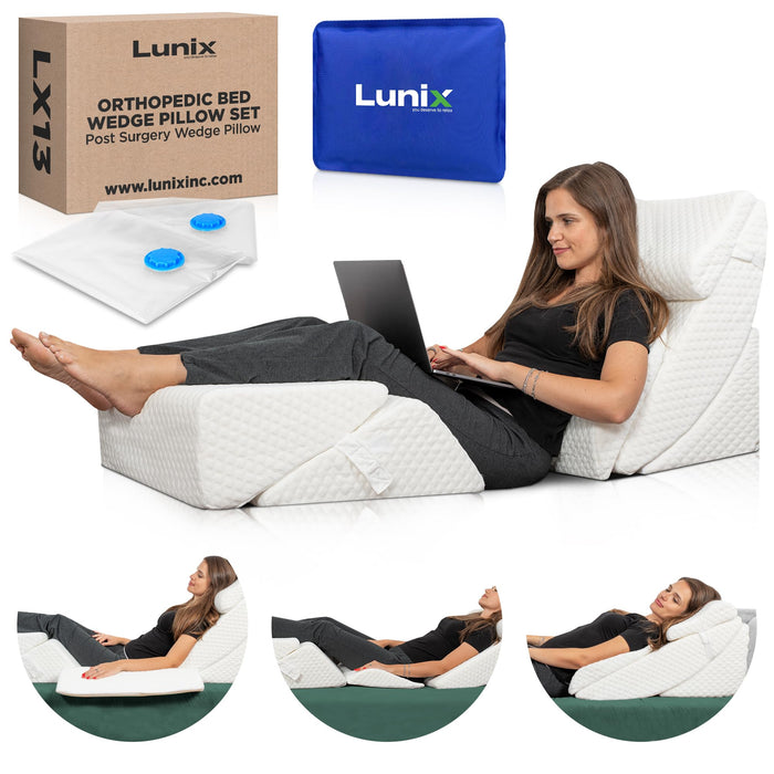 Lunix 6pcs Orthopedic Bed Wedge Pillow Set, Post Surgery Memory Foam for Back, Neck, and Leg Pain Relief, Adjustable Sitting Pillow for Sleeping, Acid Reflux and GERD, Hot Cold Pack, White