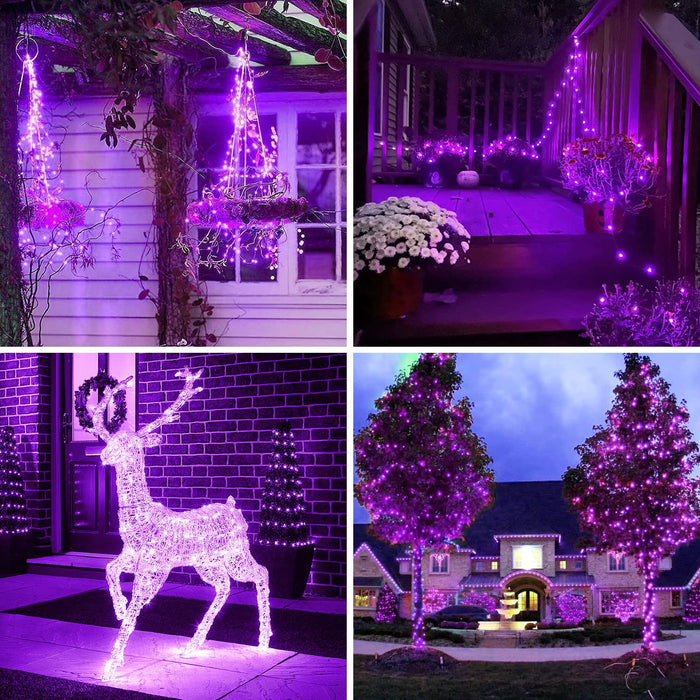 JMEXSUSS 4 Pack Purple Solar Christmas Lights, 100 LED 33ft Purple Solar Fairy Lights, 8 Modes Copper Wire Solar String Lights Outdoor Waterproof for Halloween Christmas Garden Yard Tree Decor