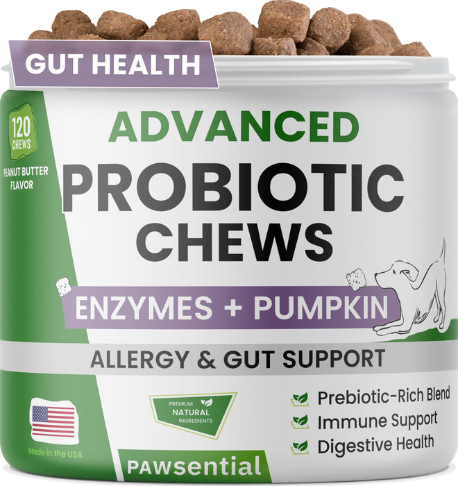 Pawsential Advanced Dog Probiotics & Digestive Enzymes |Gut Health| Chews for Digestion, Allergy Yeast, Itchy Skin- Prebiotics Fiber Supplement - Diarrhea Constipation Gas Upset Stomach Relief Treats