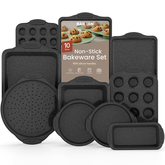 BAKKEN Kitchen Baking Pan Set - Nonstick Coating, Carbon Steel Bakeware Sets with Gray Silicone Handles, Baking Kitchen Essentials, PFOA, PFOS, PTFE Free, Oven Safe Tray (Up To 450° F), Set of 10