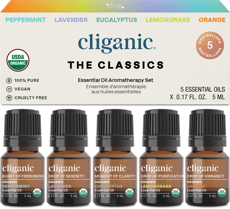 Cliganic Organic Essential Oils Set (Top 5) - 100% Pure Natural - Aromatherapy, Candle Making - Peppermint, Lavender, Eucalyptus, Lemongrass & Orange (Packaging May Vary)