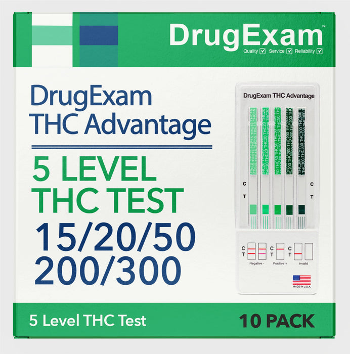 10 Pack - DrugExam THC Advantage Made in USA Multi Level Marijuana Urine Test Kit. Highly Sensitive THC 5 Level Test Kit. Detects at 15 ng/mL, 20 ng/mL, 50 ng/mL, 200 ng/mL and 300 ng/mL (10)