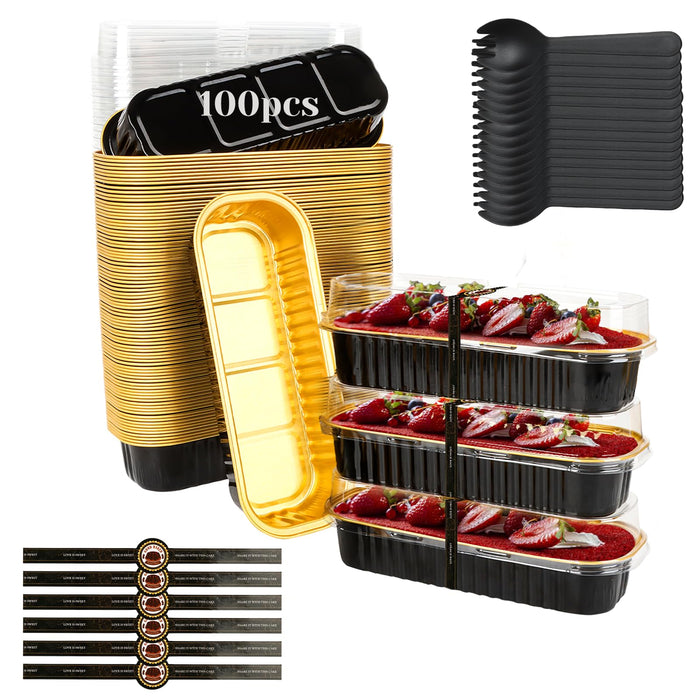 YQER 100 Pack Mini Loaf Pans with Lids, Spoons & Stickers – Disposable Aluminum Foil Baking Cake Containers for Oven, Air Fryer & Freezer – Ideal for Cakes, Bread, Pudding, Parties & Gifting, Black