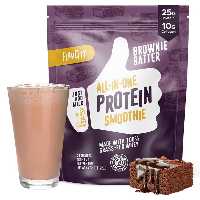 FlavCity All-in-One Protein Powder Smoothie, Brownie Batter - 100% Grass-Fed Whey Protein Powder with 25g Protein & 10g Collagen - Gluten-Free Pre Workout & Post Workout Drink - 20 Servings