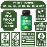 Peak Performance Raw Whole Food Vegan B Complex Supplement. Best B-Complex with Vitamin B1, B2, B3, B5, B6, B7, B9 and B12. Vitamins 90 Capsules. Energy Boost