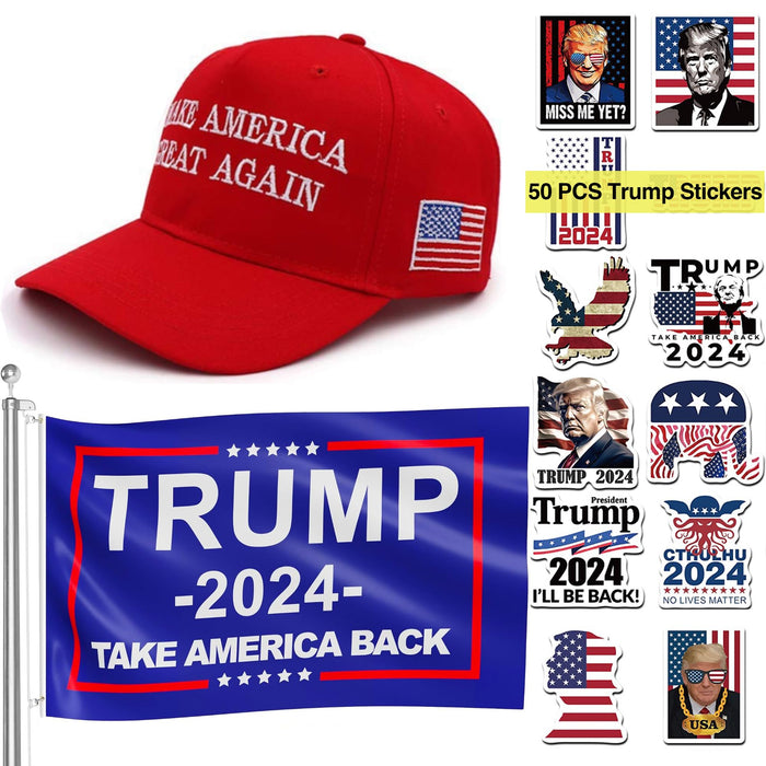 Trump Hat MAGA Hat, Trump 2024 Flag 3x5 FT and 50 Pcs Trump Stickers, Trump Merchandise Trump 2024 Hat Make America Great Again Hat Trump Flag with Donald Trump Stickers