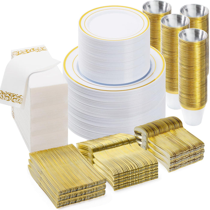 BESTVIP 700 PCS Disposable White and Gold Plastic Plates for 100 Guests