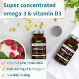 Pure & Essential Omega-3 & D3 1000iu, Fast-Acting rTG, Support Eyes, Heart & Brain Function, 1-a-Day, Highly Concentrated EPA & DHA Wild Fish Oil, Non-GMO, 60 Softgels