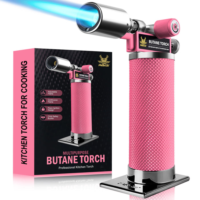 RAVS Butane Torch, Kitchen Torch Lighter for Creme Brulee with Adjustable Flame, Cooking Torch for Baking, BBQ, Desserts, Metal Mini Torch with Safety Buckle, Pink (Butane Not Included)