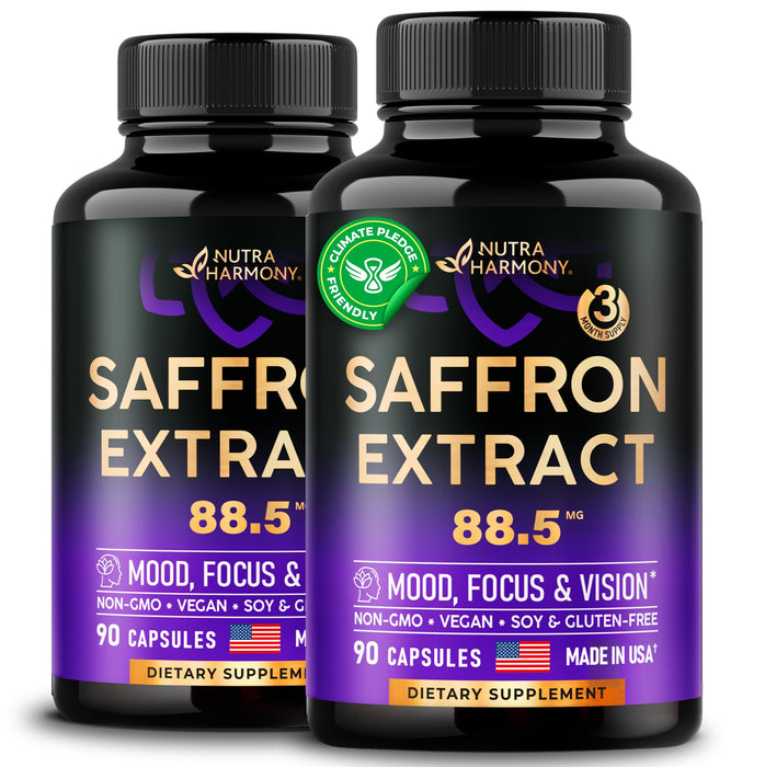 Natural Saffron Supplements - Pure Saffron Extract 88.5 mg - Made in USA - Mood | Focus | Vision | Energy Support - Eye Health for Women & Men - NonGMO Vegan Pills - 90 Caps, 3 Month Supply, Pack of 2