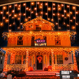 33ft Orange Halloween Lights Outdoor, 400 LED Icicle Lights for Outside Indoor Christmas Lights with Connectable Clear Wire 8 Modes Timer Waterproof for House Party Tree Holiday Yard Decorations