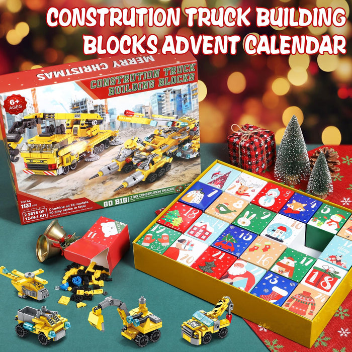 Kids Advent Calendar 2024 for Boys, 24 Days Christmas STEM Construction Vehicles Building Blocks Countdown Calendar Gifts Box with 12-in-1 Engineering Truck Bricks Toys Set for Kids Teens Girls Age 6+