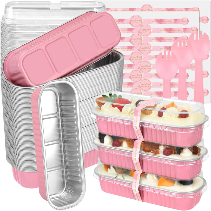 EgticHome Mini Loaf Pans with Lids and Spoons (100 Pack, Pink, 6.8oz) Rectangular Aluminum Foil Baking Pans