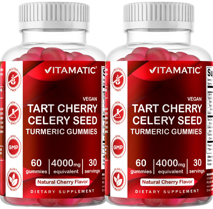 Vitamatic 2 Pack Tart Cherry with Celery Seed Gummies - 4000 mg serving - Powerful Uric Acid Cleanse for Joint Comfort, Healthy Sleep Cycles & Muscle Recovery