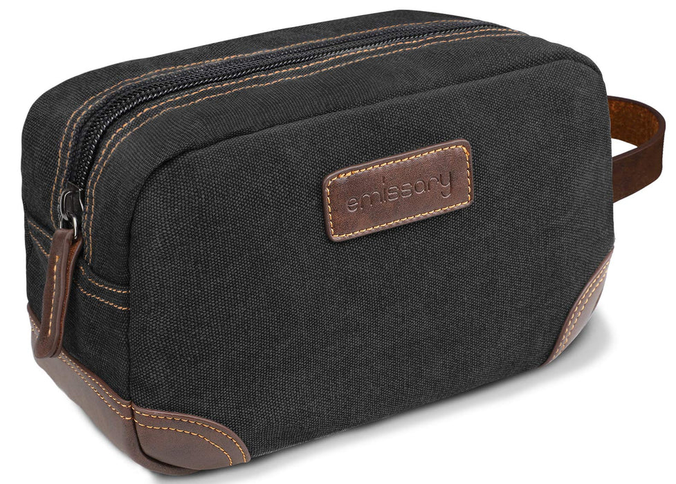 emissary Men's Toiletry Bag, Leather and Canvas Travel Toiletry Bag, Dopp Kit for Men, Travel Bathroom Bag Men's Shaving Kit, Travel Kit Small Bags for Men, Shaving Bag for Travel Accessories (Black)