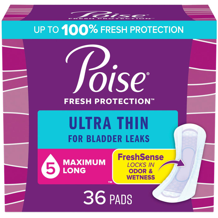 Poise Ultra Thin Incontinence Pads & Postpartum Incontinence Pads, 5 Drop Maximum Absorbency, Long Length, 36 Count, Packaging May Vary