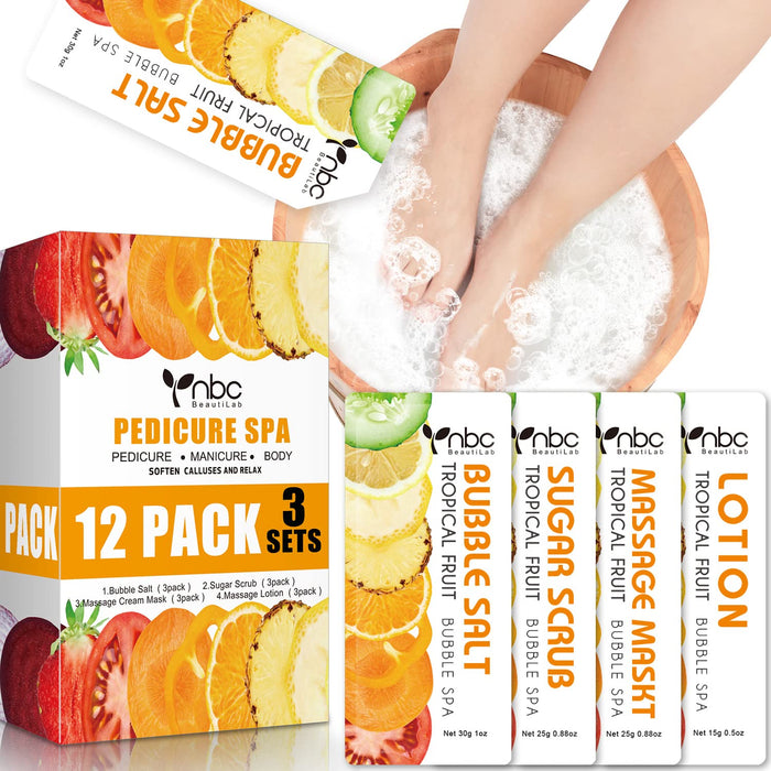 nbc BeautiLab Pedicure Kit Foot Soak Set: Bubble Salt, Sugar Scrub, Massage Mask, Massage Lotion in a Box, 4 Step Foot Spa Kit for Dry Feet,Tired Feet（3 Set Tropical Fruit)