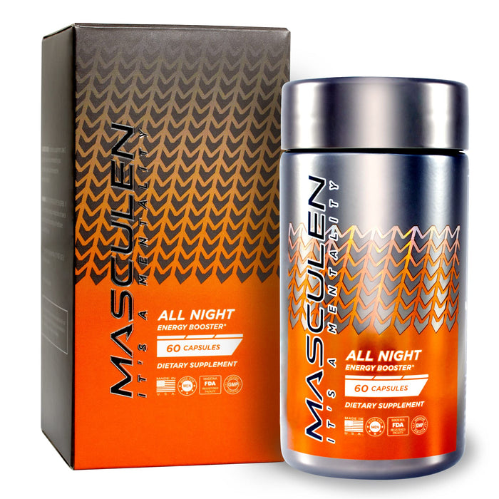 Masculen All Night Energy Supplements for Men | Energy Booster to Support Extra Energy & Fine-Tuned Focus When Your Energy Drops | Plant-Based and All-Natural | 60 Supplement Capsules One Month Supply