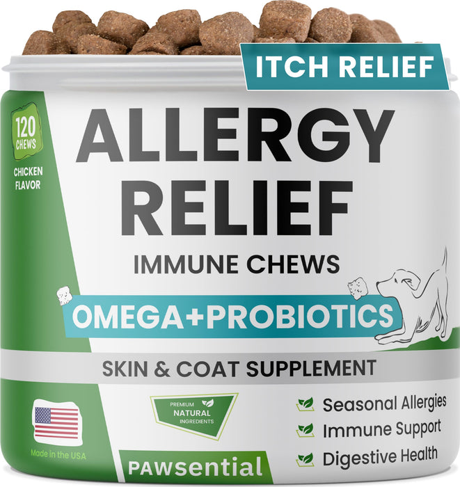 PAWSENTIAL Allergy Relief Dog Chews - Itchy Skin Relief w/Probiotics + Omega 3 + Colostrum - Seasonal Allergies - Anti-Itch Treats - Skin&Coat + Immune Supplement - Made in USA - Chicken Flavor -120Ct