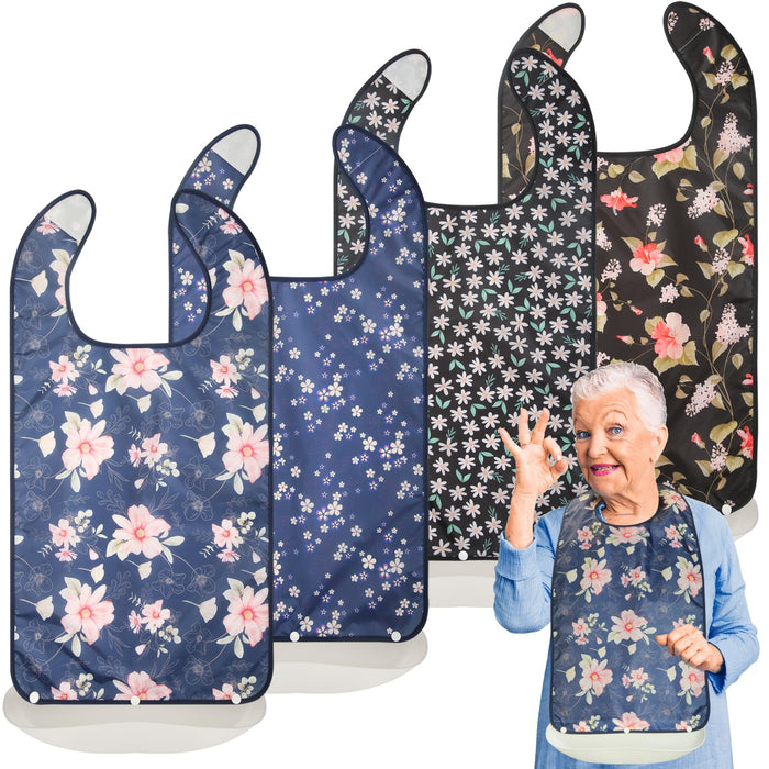 Bravace 4 Pack Adult Bibs for Elderly Women Washable Reusable Waterproof Clothing Protector with Detachable Crumb Catcher, Bibs for Adult Women and Men, Senior Citizen Feeding Bibs