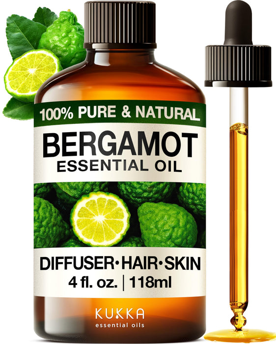 Kukka Bergamot Essential Oil for Diffuser & Skin - 4 Fl Oz - 100% Natural Essential Oils Bergamot Oil for Hair Shampoo Skin & Aromatherapy Soap Making Scent DIY