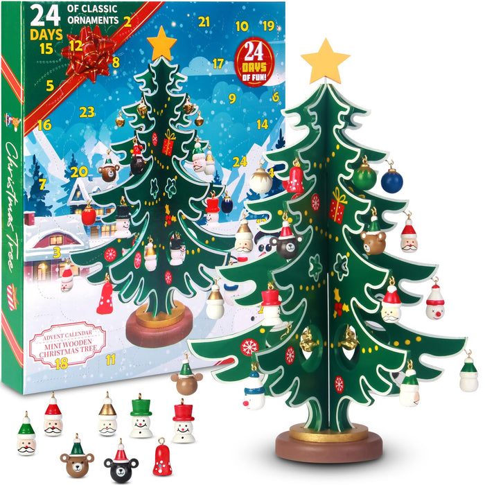 MAIAGO Christmas Advent Calendar with a Desktop Wooden Christmas Tree and 30 Christmas Ornaments, Premium 24 Days Countdown Calendar Kit for Boys, Girls and Kids Christmas Gifts, Xmas Party Supplies