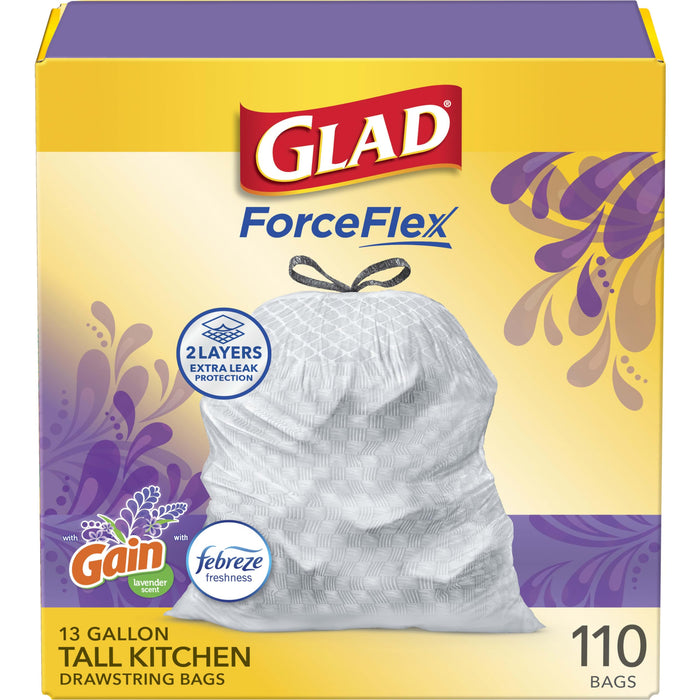 Glad ForceFlex Tall Kitchen Trash Bags, 13 Gal, Gain Lavender with Febreze, 110 Ct (Pack May Vary)