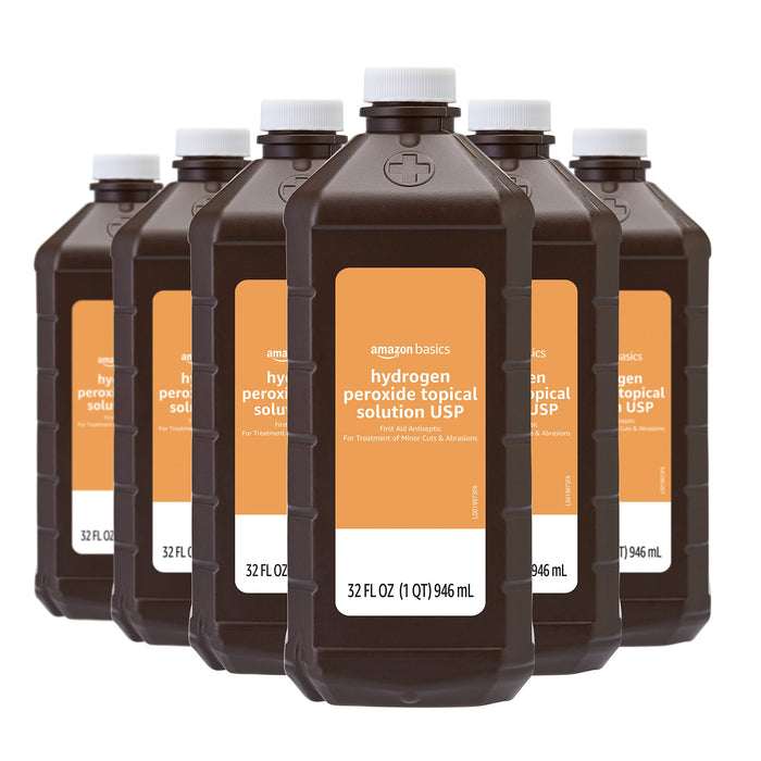 Amazon Basics Hydrogen Peroxide Topical Solution USP, First Aid Antiseptic for Cuts, Scrapes and Burns, 32 fl oz, 6-Pack