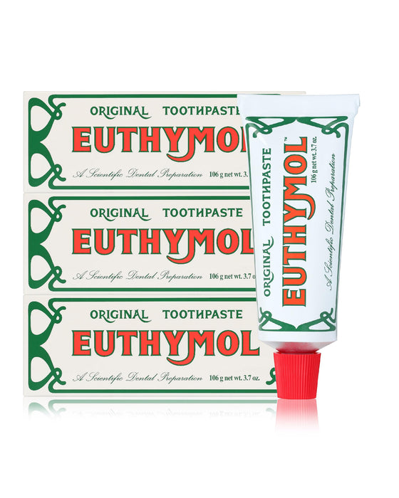 EUTHYMOL Original Toothpaste (3.7fl oz, Pack of 3) - Fluoride-Free Toothpaste for Sensitive Teeth & Gum. Bad Breath, Cavity Prevention, 12-Hour Long Lasting Freshness with Wintergreen.