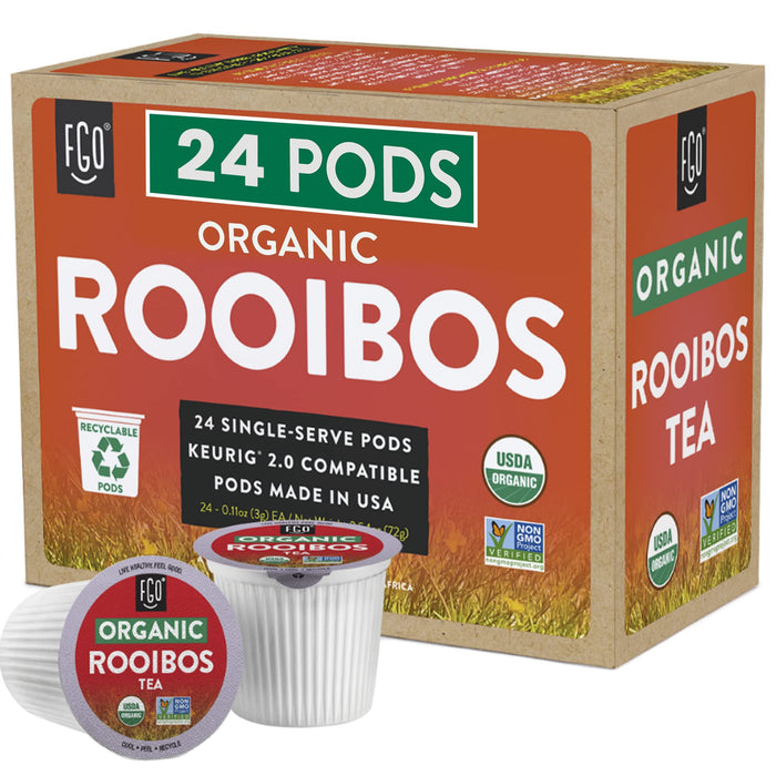 FGO Organic Rooibos Tea K-Cup Pods for Keurig, 24 Count (Pack of 1), Naturally Caffeine-Free Herbal Tea, Premium Redbush tea is USDA Organic, Non-GMO, & Recyclable