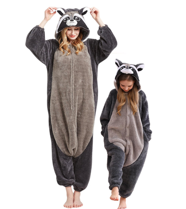 DELEY Unisex One Piece Animal Adult Raccoon Onesie, Animal Pajamas Halloween Cosplay Costume for Women and Mens Parent-Child Sleepwear