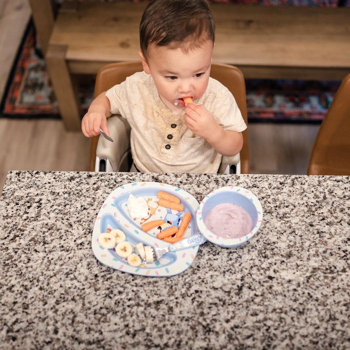 The First Years Bluey 4-Piece Place Setting - BPA Free Dishwasher Safe Toddler Dinnerware Set with Divided Plate, Bowl, Fork, Spoon - Multicolor