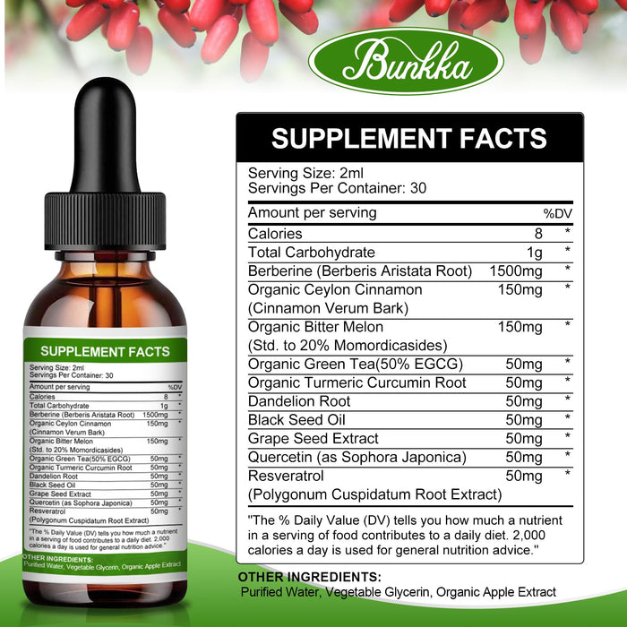 Berberine Supplement 1500mg, Organic Berberine Liquid Drops with Ceylon Cinnamon, Bitter Melon, Sugar-Free & Vegan Supplement Supports Immune System & Gastrointestinal Care - 4 FL Oz