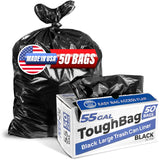 ToughBag 55 Gallon Trash Bags, 55-60 Gallon Trash Bags Heavy Duty (50 COUNT) - Large Black Trash Bags, 50-60 Gallon Garbage Bags for Contractors, Commercial, and Lawn, 35 x 55" - Made in USA