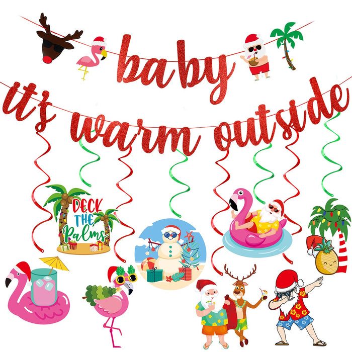 Red Glitter Baby Its Warm Outside Banner, Christmas July Party Decorations July Christmas Banner July Mele Kalikimaka Christmas Decorations,Tropical Christmas Party Banner Decorations